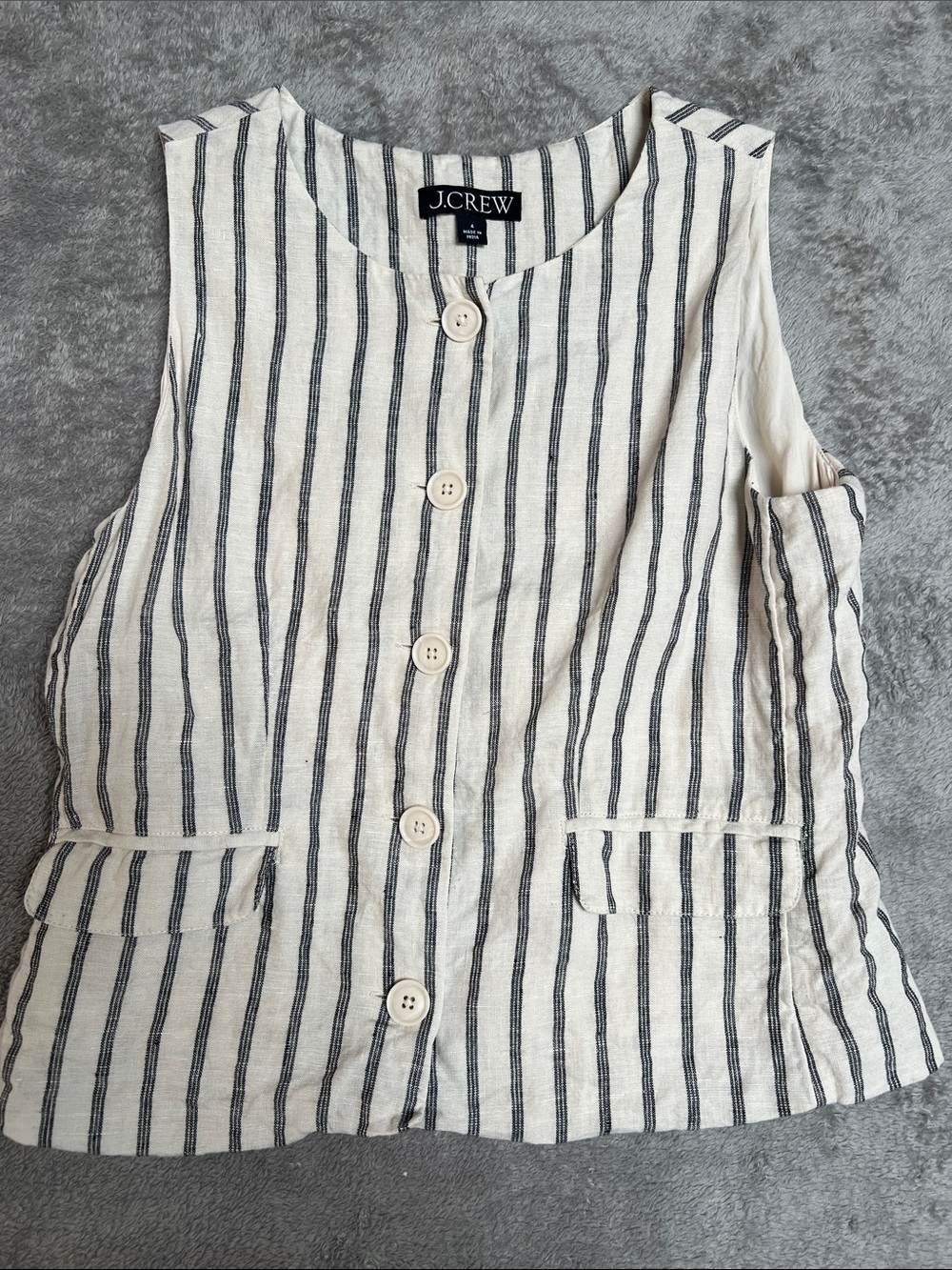 J. Crew Cream and Black Striped Linen Button-Front Vest